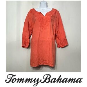 Tommy Bahama Tunic Top Linen Embroidery Paisley Scroll 3/4 Sleeve Coral Beach XL